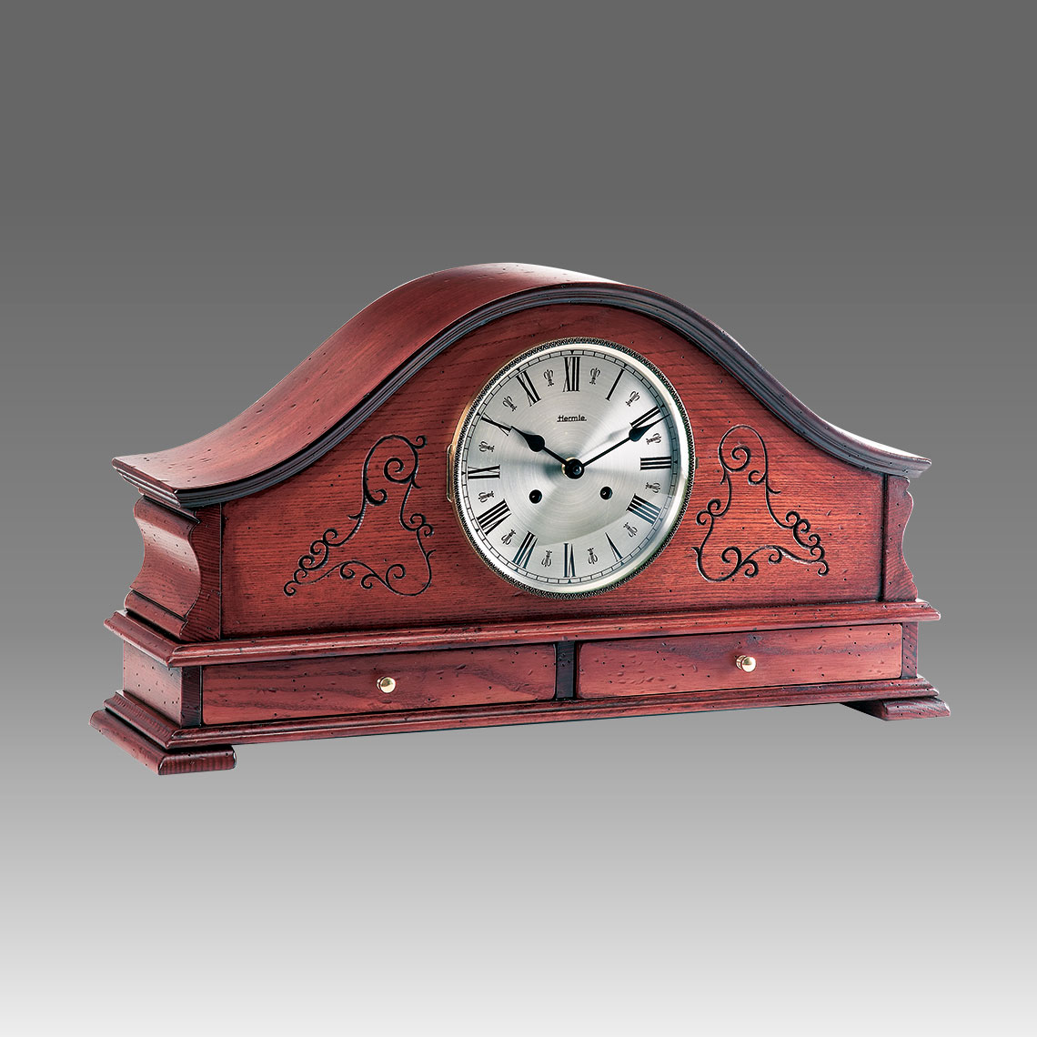 Mante Clock, Table Clock, Cimn Clock, Art.335/1 Walnut with curving and drawers - Bim Bam melody on Bells, Silver round dial